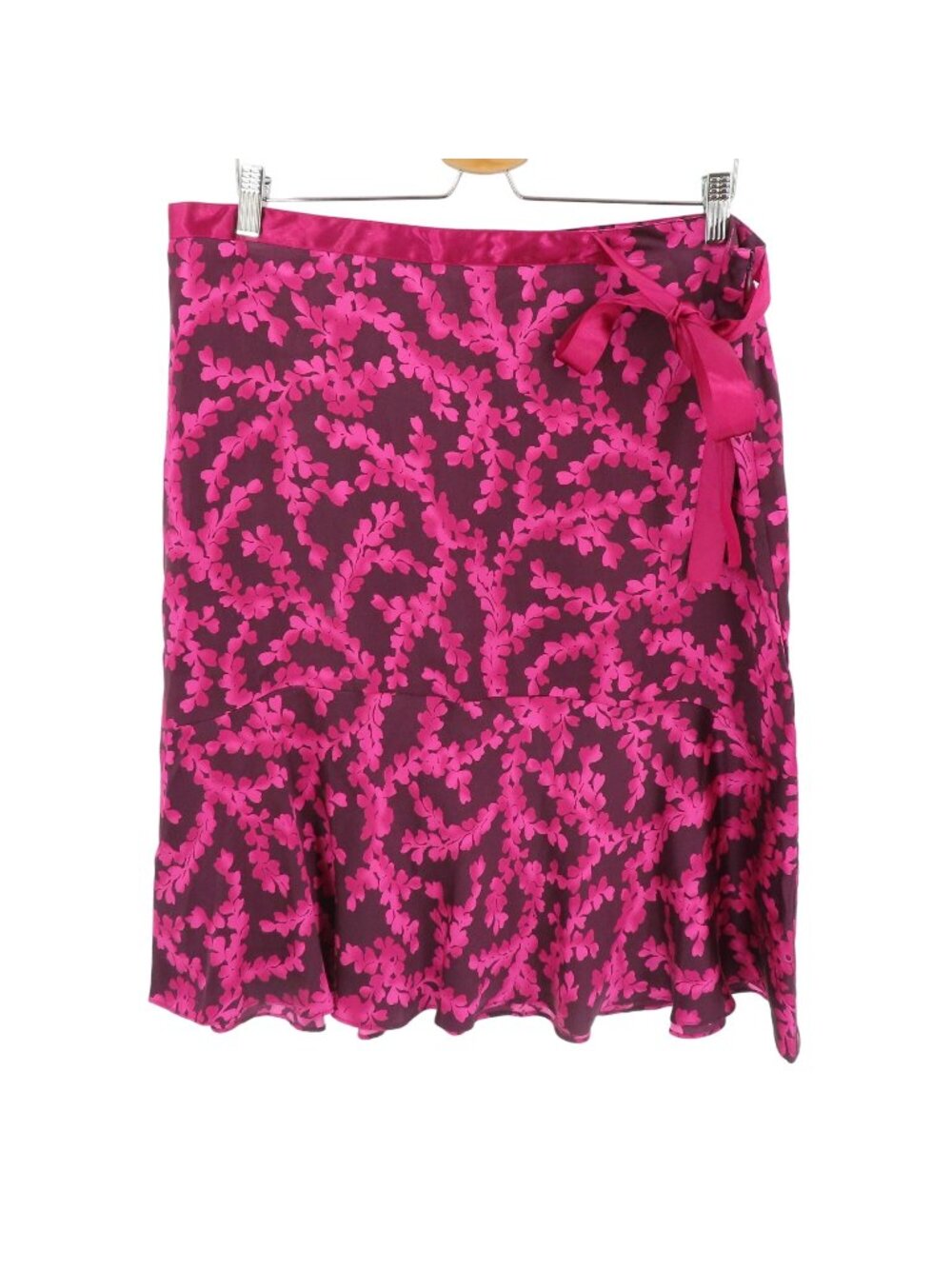 New York and Company Womens 16 All Silk Pink Purple Leaf Print Skirt Bow NEW